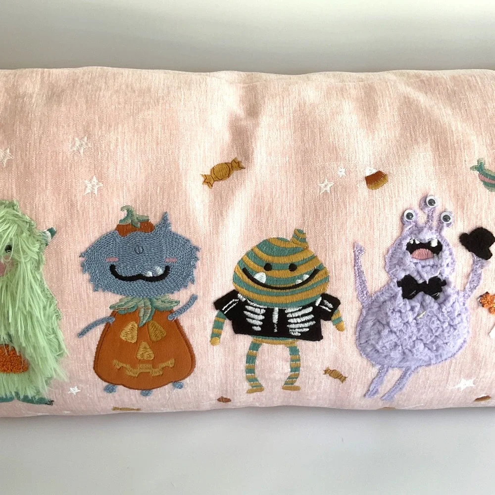 Moonlit Manor Pink Halloween Monster Lumbar Pillow 14x32 Embroidered Envogue NEW